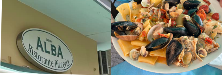 Al Ristorante Alba, per festeggiare l’ipotetico scudetto del Napoli, il mare era il giusto riferimento così un piatto di paccheri alla pezzogna e frutti di mare